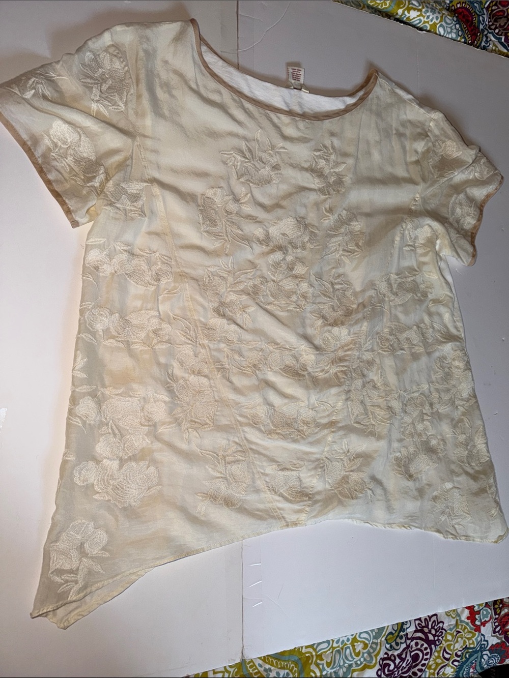 Sundance Cream Embroidered Silk & Cotton Floral Tunic. Size XL. - Picture 3 of 16